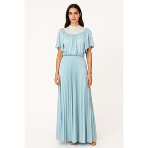 Vintage Powder Blue white Lace High Neck Flutter Sleeve Pleated Maxi Dress XS